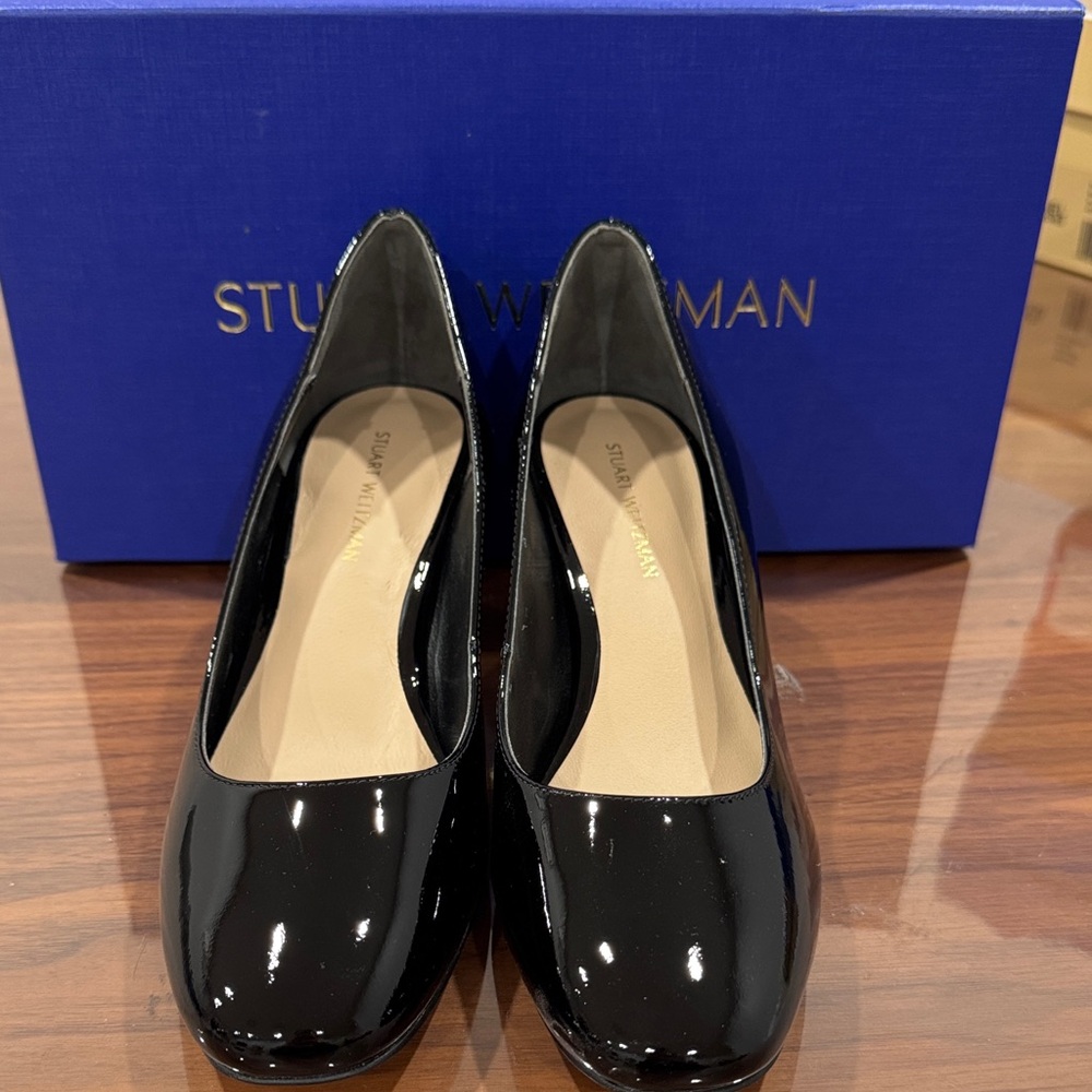 Stuart Weitzman Black Patent Round-Toe Pumps